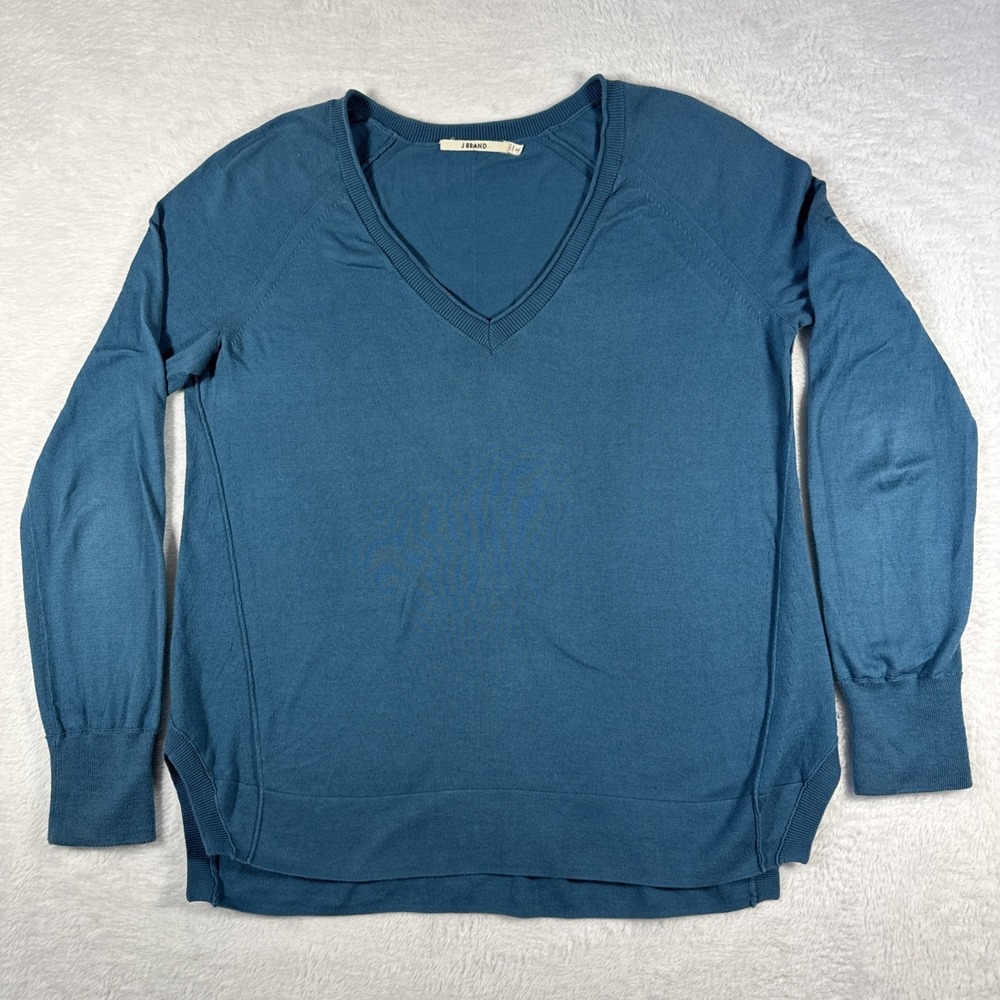 J Brand Women's Medium Blue Teal V-Neck 100% Cotton Lightweight Sweater‎